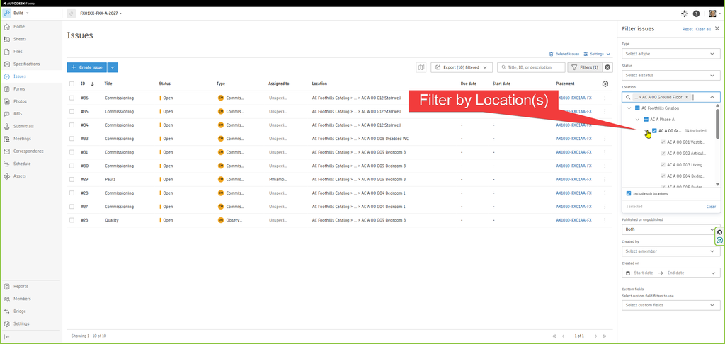 Forma Build – Use Locations to Filter Issues - 02 - Filter Issues by Location