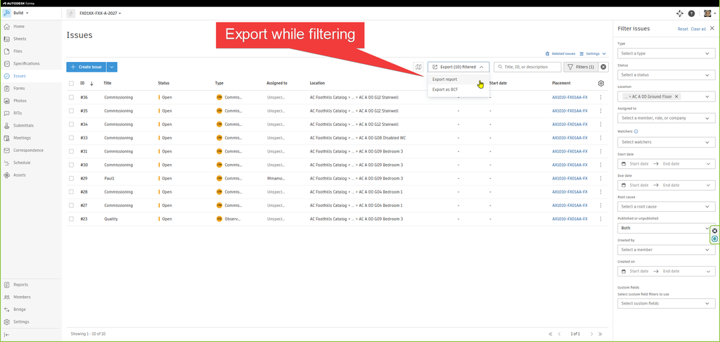 Forma Build – Use Locations to Filter Issues - 03 - Export Filtered Issues